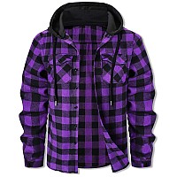 Cromoncent Mens Long Sleeve Hoodie Jacket Plaid Button Down Flannel Shirt Jacket Hooded Purple Black Medium