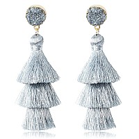 Mehz Layered Silver Tassel Earrings For Women Teen Girls Dangling Sparkling Long Statement Metallic Silver Fringe Earrings Bohe