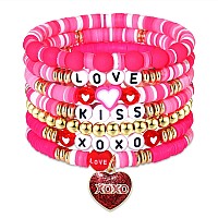 Faerliiry Valentine Day Bracelets Heishi Stretch Bracelets For Women Girls Red Heart Charms Bracelets Love Kiss Xoxo Stackable