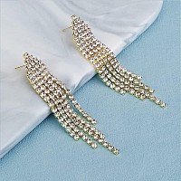 Mlouye Gold Tone Clear Rhinestone Chandelier Dangle Earrings For Women Girls Triangle Dangling Fringe Crystals Pierced Earring