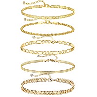 Dearmay Cuban Link Ankle Bracelets Waterproof 14K Gold Plated For Women Cute Figaro Paperclip Rope Herringbone Anklets Set Gold