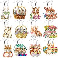 Ecally 12 Pairs Easter Acrylic Bunny Rabbit Funny Drop Dangle Cute Eggs Basket Bunny S For Women Girls Teens Gift Party