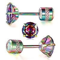 Titanium Screw Back Earrings Colorful Surgical Stainless Steel Rainbow Cubic Zirconia Fake Diamond Flat Stud 316L Hypoallergenic