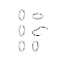 3 Pairs Sterling Silver Hoop Earrings For Women 14K White Gold Plated Small Silver Hoop Earrings Cubic Zirconia Silver Hoop Hugg