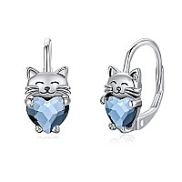 Hypoallergenic Cat Earrings 925 Sterling Silver Cute Animal Kitten Leverback Hoop Earrings Stocking Stuffers Cat Jewelry Gifts F