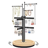 Penobon Jewelry Holder Organizer With Wood Base Adjustable Height Jewelry Display Holder Stand Metal Rotating Earring Holder O