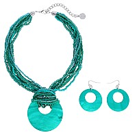 Coiris Multi Strand Statement Colorful Beaded Necklace With Big Circle Shell Pendant For Women N0055Teal