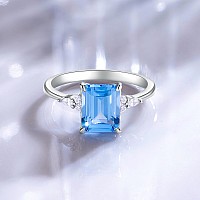 Gloffery 3Ct 925 Sterling Silver Engagement Rings For Women Emerald Cut Created Blue Aquamarine Solitaire Cz Wedding Band Promis