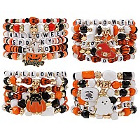 Twinfree 4 Sets Halloween Stretch Bracelets For Women Pumpkin Ghost Cat Bat Design Beaded Bracelet