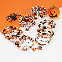 Twinfree 4 Sets Halloween Stretch Bracelets For Women Pumpkin Ghost Cat Bat Design Beaded Bracelet