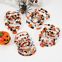 Twinfree 4 Sets Halloween Stretch Bracelets For Women Pumpkin Ghost Cat Bat Design Beaded Bracelet