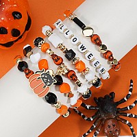 Twinfree 4 Sets Halloween Stretch Bracelets For Women Pumpkin Ghost Cat Bat Design Beaded Bracelet