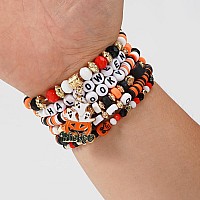 Twinfree 4 Sets Halloween Stretch Bracelets For Women Pumpkin Ghost Cat Bat Design Beaded Bracelet