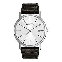 Bulova Classic Quartz Mens Watch, Stainless Steel with Black Leather Strap, Silver-Tone (Model: 96B104)