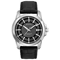 Bulova Mens Precisionist 3Hand Calendar In Stainless Steel With Black Leather Strap And Black Patterned Dial Style 96B158