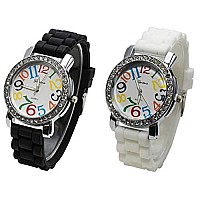 2 Pack White and Black Geneva Womens Large Round Face Silicone Rainbow Numbers Watch