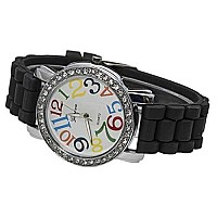 2 Pack White and Black Geneva Womens Large Round Face Silicone Rainbow Numbers Watch