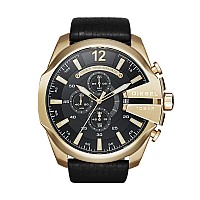 Diesel Men's 51mm Mega Chief Quartz Stainless Steel and Leather Chronograph Watch, Color: Gold, Black (Model: DZ4344)