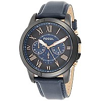 Fossil Mens Grant Quartz Stainless Steel and Leather Chronograph Watch, Color: Black, Navy (Model: FS5061)