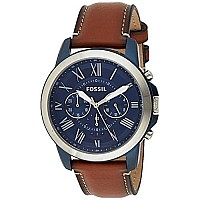 Fossil Mens Grant Quartz Stainless Steel And Leather Chronograph Watch, Color: Silver/Blue, Luggage (Model: Fs5151)