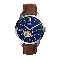 Fossil Mens Townsman Automatic Stainless Steel And Leather Twohand Skeleton Watch Color Silver Brown Model Me3110