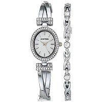 Armitron Women's 75/5381MPSVST Genuine Crystal Accented Silver-Tone Bangle Watch and Bracelet Set