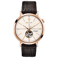 Bulova Men's Classic Aerojet 3-Hand Automatic Leather Strap Watch, Open Aperture, 40-Hour Power Reserve, Double Curved Mineral Crystal, 41mm