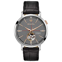 Bulova Men's Classic Aerojet 3-Hand Automatic Leather Strap Watch, Open Aperture, 40-Hour Power Reserve, Double Curved Mineral Crystal, 41mm Style: 98A187