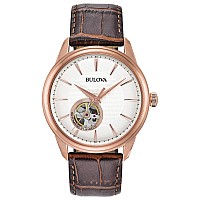 Bulova Mens Classic 3 Hand Automatic Rose Gold Stainless Steel Watch With Brown Leather Strap Silver White Dial Model97A133