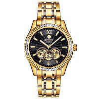 Binlun Waterproof Automatic Mens Watch 18K Goldplated Luminous Black Skeleton Dial