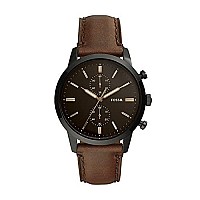 Fossil Mens Townsman Quartz Stainless Steel and Leather Chronograph Watch, Color: Black, Dark Brown (Model: FS5437)