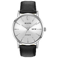 Bulova Mens Classic American Clipper 3Hand Automatic Leather Strap Watch Day Date Calendar 40 Hour Power Reserve Exhibition