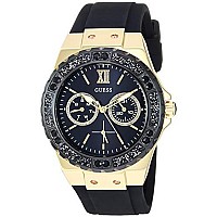 GUESS Gold-Tone Stainless Steel + Black Stain Resistant Watch with Day + Date Functions. Color: Black (Model: U1053L7)