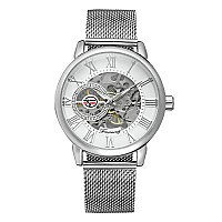 Gosasa Unique Mens Automatic Watch Transparent Watch Dial Hollow Skeleton Silver Tone Mesh Band Watch Silver White