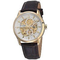 Bulova Men'S Classic Sutton Automatic Skeleton Dial Brown Leather Strap Watch | 43Mm | 97A138