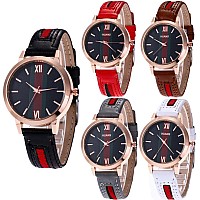 Cdybox Wholesale 5 Pack Pu Leather Watch Analog Quartz Wristwatches For Women Men Lady Teen Girl