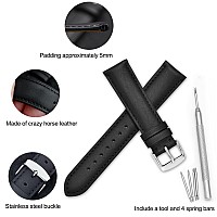 Wocci 18Mm Vintage Leather Watch Band For Men And Women Silver Buckle Black