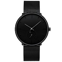 Mens Watches Ultra-thin Minimalist Waterproof-Fashion Wrist Watch for Men Unisex Dress with Stainless Steel Mesh Band-Black Hands