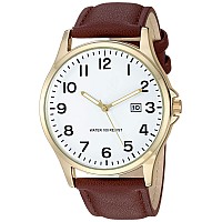 Amazon Essentials Mens Easy To Read Goldtone And Brown Strap Watch