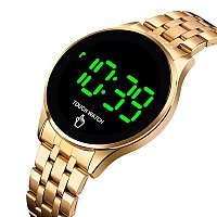 Touch Screen Digital Led Waterproof Men Womens Sport Casual Stainless Steel Wrist Watch Gold