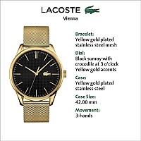 Lacoste Vienna Mens Quartz Stainless Steel And Mesh Bracelet Casual Watch Color Yellow Model 2011104