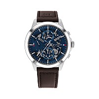 Tommy Hilfiger Mens Multifunction Stainless Steel And Leather Strap Watch Color Blue Model 1710476