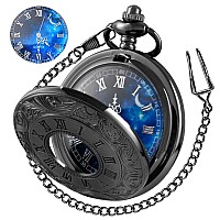 Tiong Roman Numerals Scale Pocket Watch Blue Starry Night Moon Dial Men Pocket Watch With Chain Christmas Graduation Birthday Gi