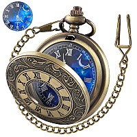 Tiong Vintage Blue Starry Night Moon Dial Roman Numerals Scale Pocket Watch With Chain Gifts For Birthday Graduation Christmas F