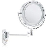 JERDON Two-Sided Wall-Mounted Makeup Mirror with Halo Lighting - Lighted Makeup Mirror with 5X Magnification & Wall-Mount Arm - Plug in Round Mirror with Chrome Finish Wall Mount - Model HL65C