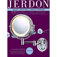 JERDON Two-Sided Wall-Mounted Makeup Mirror with Halo Lighting - Lighted Makeup Mirror with 5X Magnification & Wall-Mount Arm - Plug in Round Mirror with Chrome Finish Wall Mount - Model HL65C