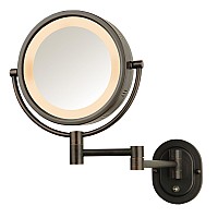 JERDON Two-Sided Wall-Mounted Makeup Mirror with Halo Lighting - Lighted Makeup Mirror with 5X Magnification & Wall-Mount Arm - Plug in Round Mirror with Bronze Finish Wall Mount - Model HL65BZ