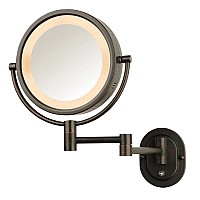 Jerdon Two-Sided Wall-Mounted Makeup Mirror With Halo Lighting - Lighted Makeup Mirror with 5X Magnification & Wall-Mount Arm - Round Mirror with Bronze Finish Wall Mount - Direct Wire - Model HL65BZD