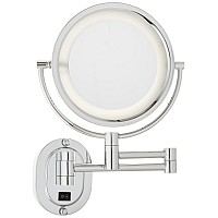 JERDON Two-Sided Wall-Mounted Makeup Mirror with Halo Lighting - Lighted Makeup Mirror with 5X Magnification & Wall-Mount Arm - Round Mirror with Chrome Finish Wall Mount - Direct Wire - Model HL65CD