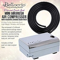 Belloccio Quiet Mini Airbrush compressor with 6 Foot Hose - 3 Airflow Settings, chrome color, Airbrush Holder - Ideal for Makeup cosmetics, Sunless Spray Tanning, Temporary Tattoos, cake Decorating